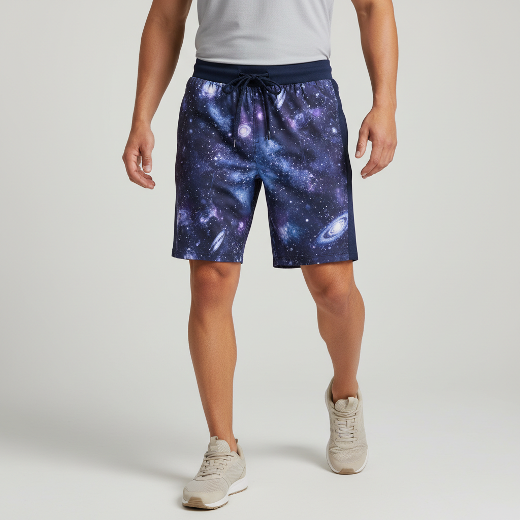 Model wearing Cosmic Horizon Ventures athletic long shorts in a running pose