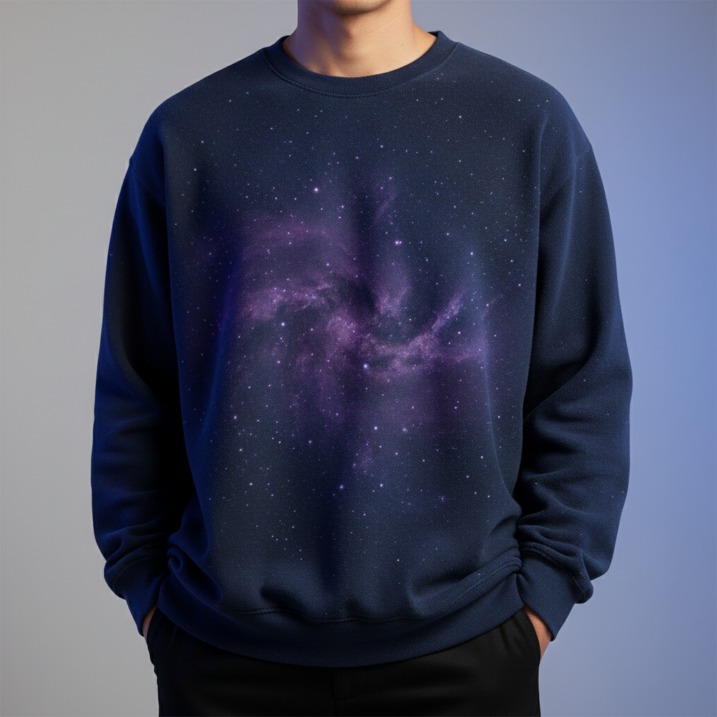 Model wearing the Nebula Orbit Crew Neck Sweatshirt in a cosmic lifestyle setting