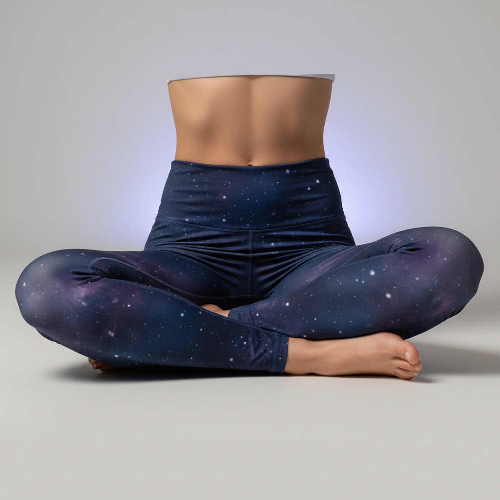 Model wearing Cosmic Horizon Ventures yoga leggings in a stretch pose