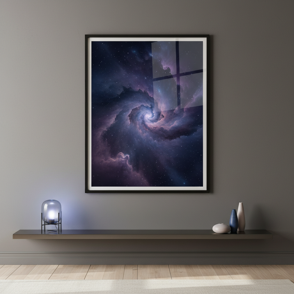 Space-themed framed poster shown on a wall at realistic scale