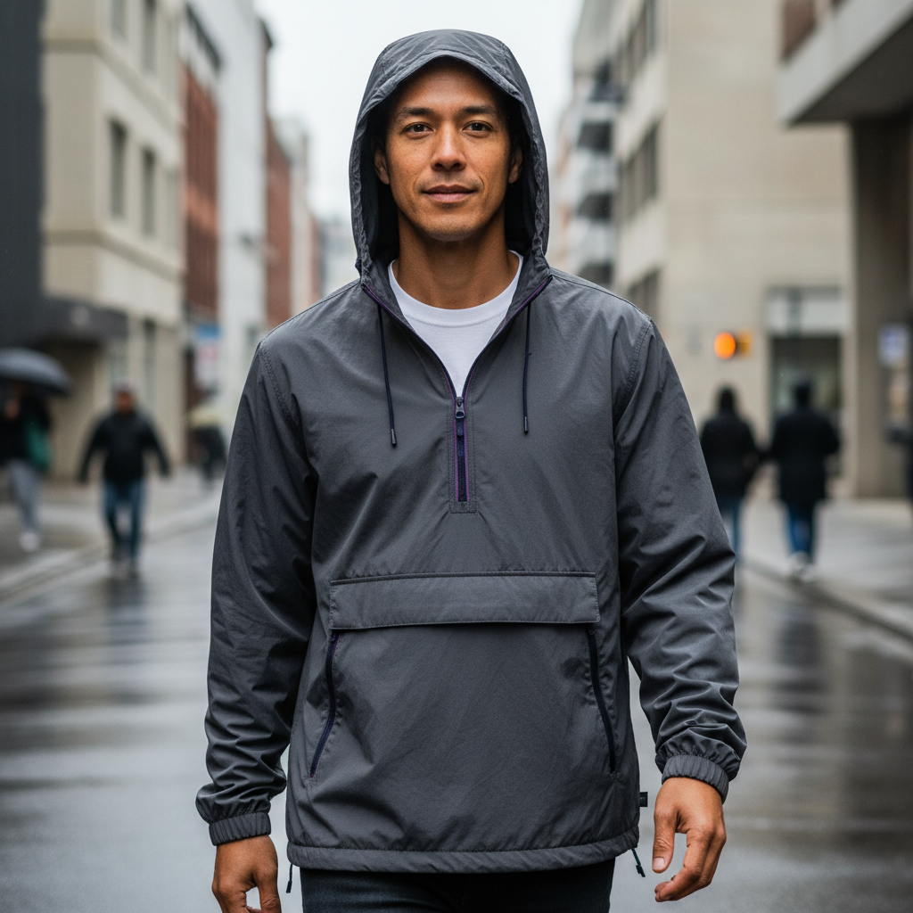 Model wearing the Embroidered Champion Packable Jacket in an outdoor lifestyle setting
